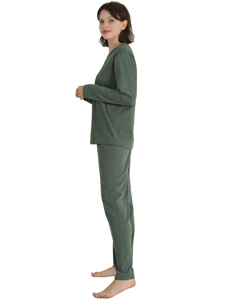 Women Solid Fleece Lined Long Sleeve Plus Size Pajama Sets