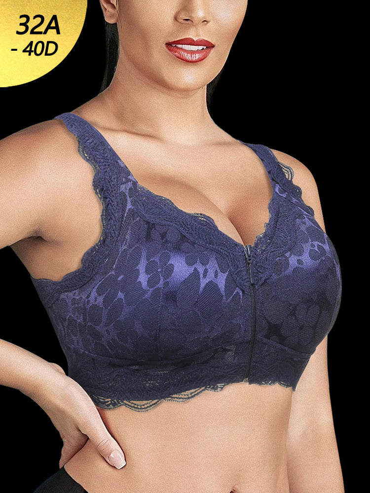 Front Zipper Floral Lace Bralette with Removable Pads