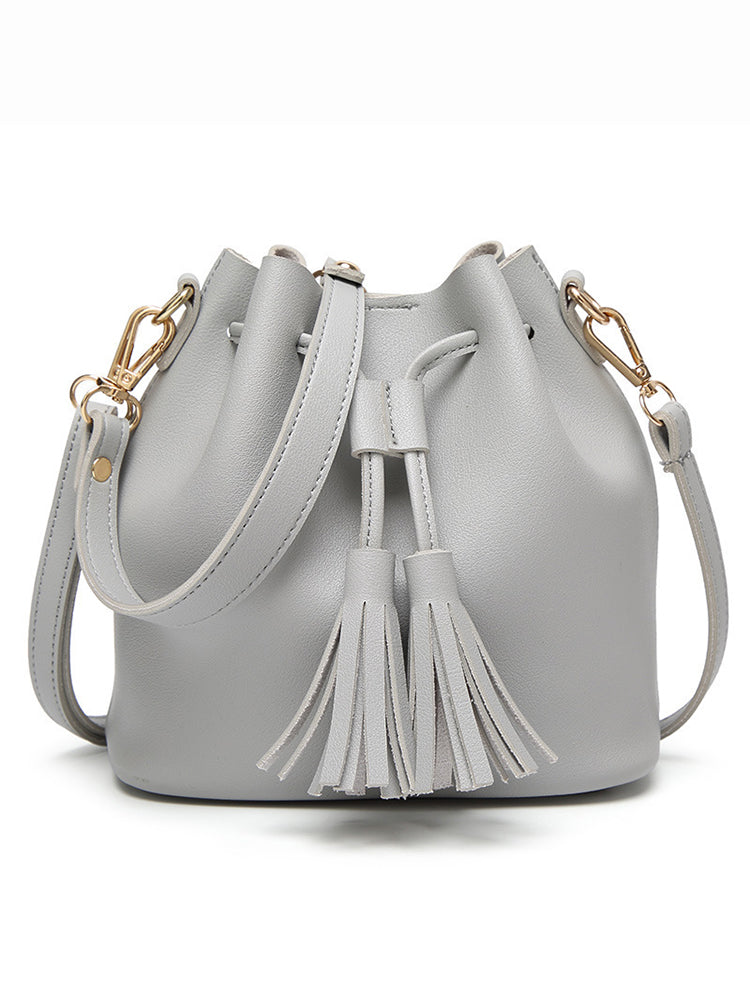 Women PU Leather Vintage Tassel Bucket Bags Mini Crossbody Bags