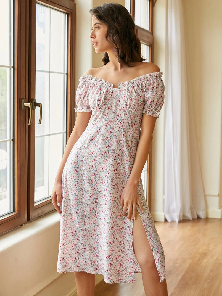 Floral Print Shirred Ruffle Trim Puff Sleeve Slit Dresses
