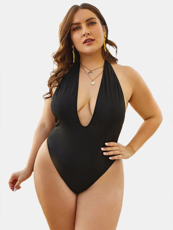 Plus Size Women Halter Plunge Solid Backless Sexy V Neck One Piece Swimwear