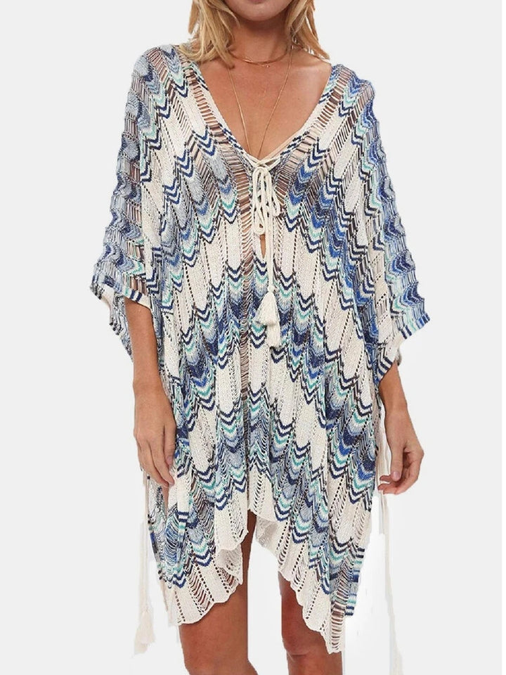 Stripes Printing Crochet Front Bandage Side Slit Swimsuit Cover Ups