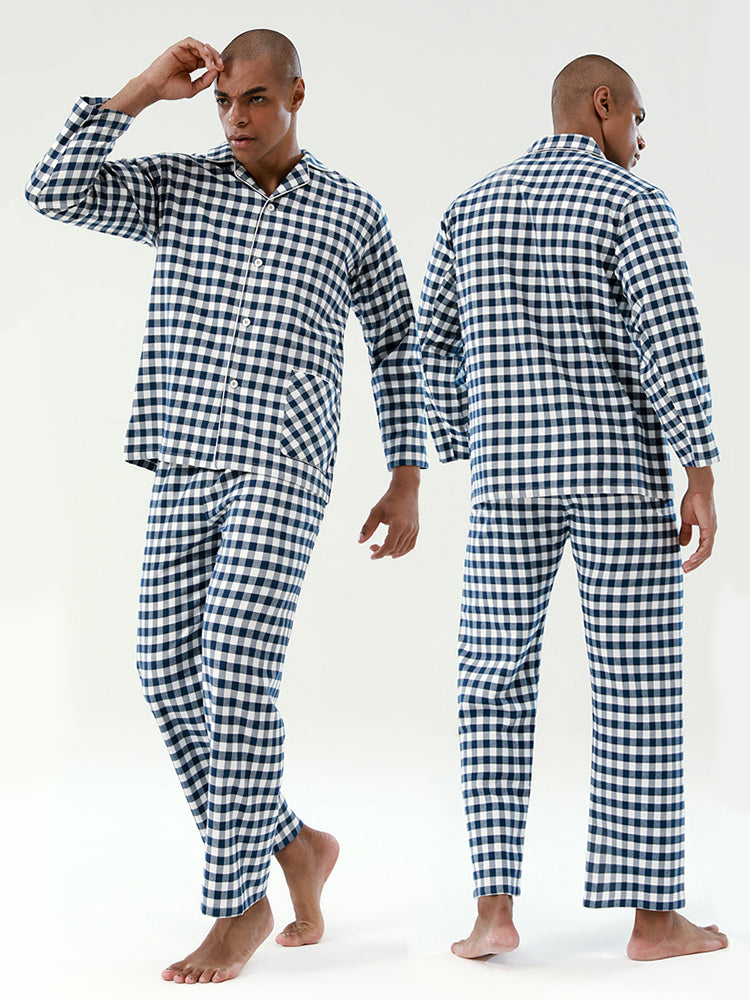 Cotton Plaid Pajamas Set Long Sleeve Sleepwear for Men&Women
