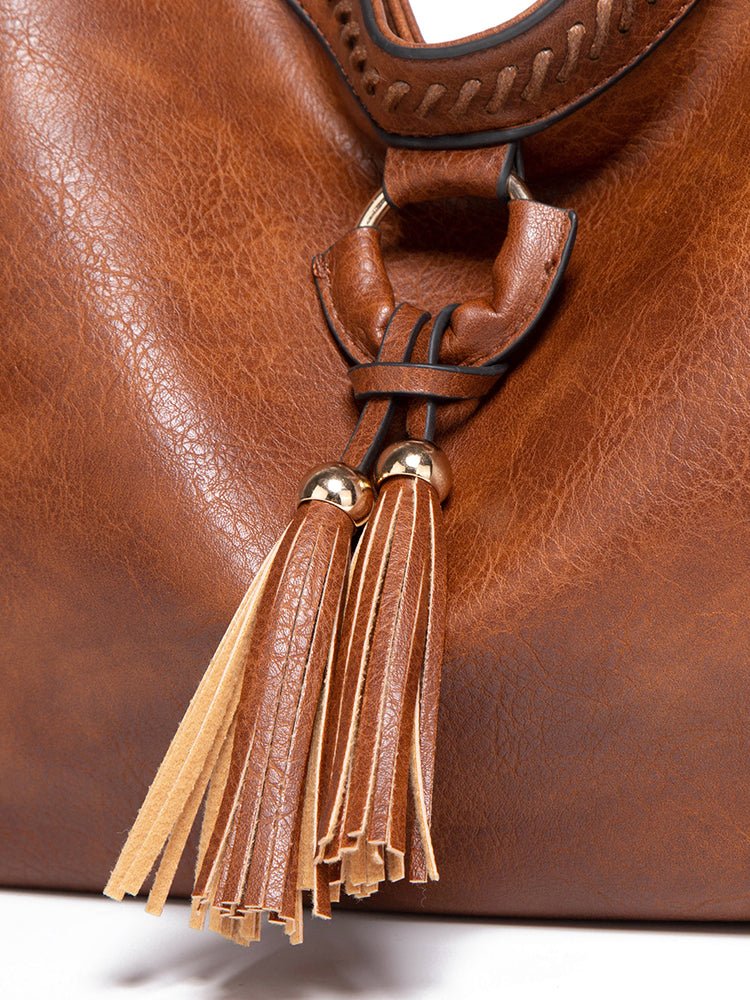 Vintage Tassel PU Leather Large Purse Shoulder Bag for Women