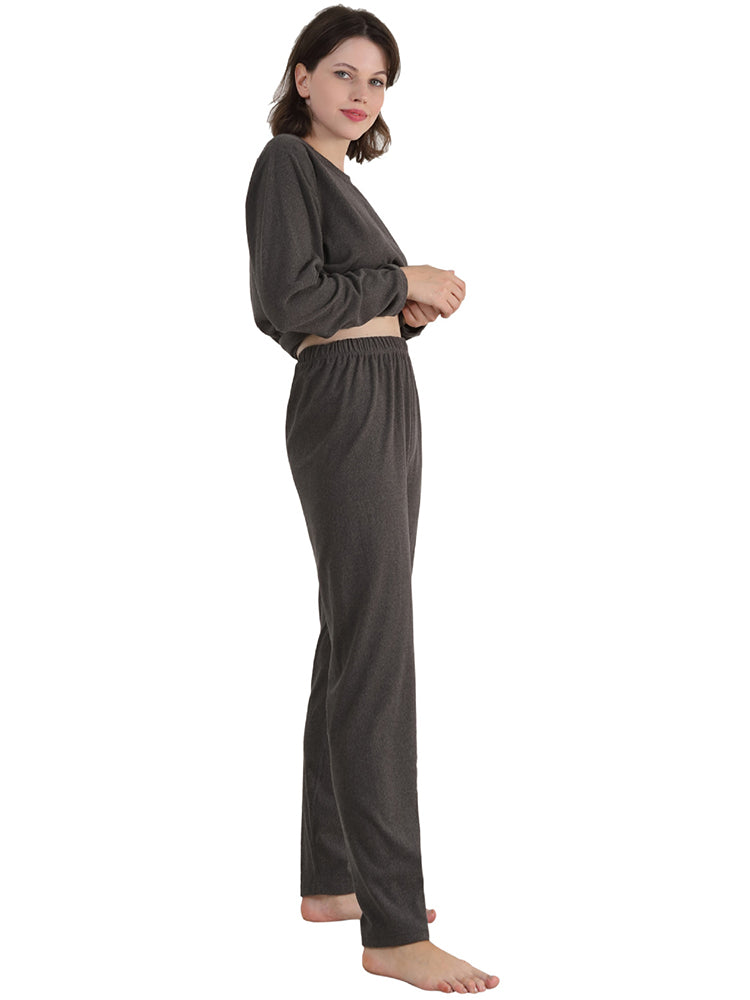 Women Solid Fleece Lined Long Sleeve Plus Size Pajama Sets