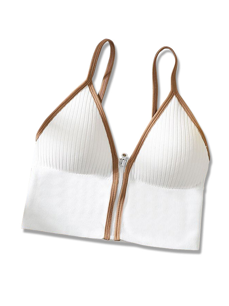 Women's V-Neck Zipper Front Wirefree Removable Pads Yoga Bra