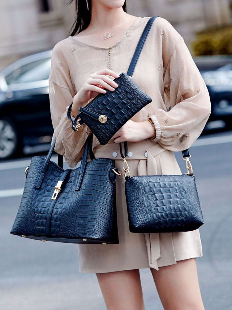 Women's Crocodile Shoulder Bags Tote Satchel Hobo 3pcs Purse Set