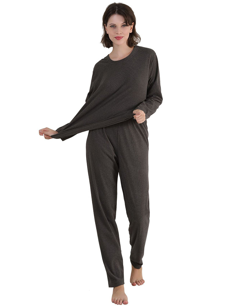 Women Solid Fleece Lined Long Sleeve Plus Size Pajama Sets
