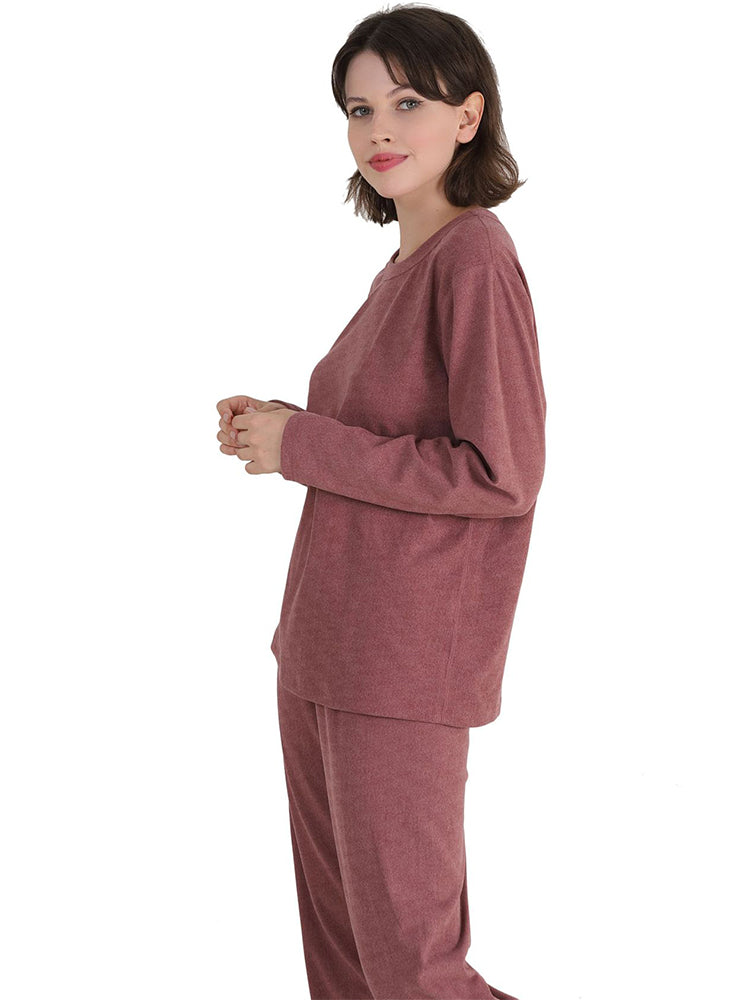 Women Solid Fleece Lined Long Sleeve Plus Size Pajama Sets
