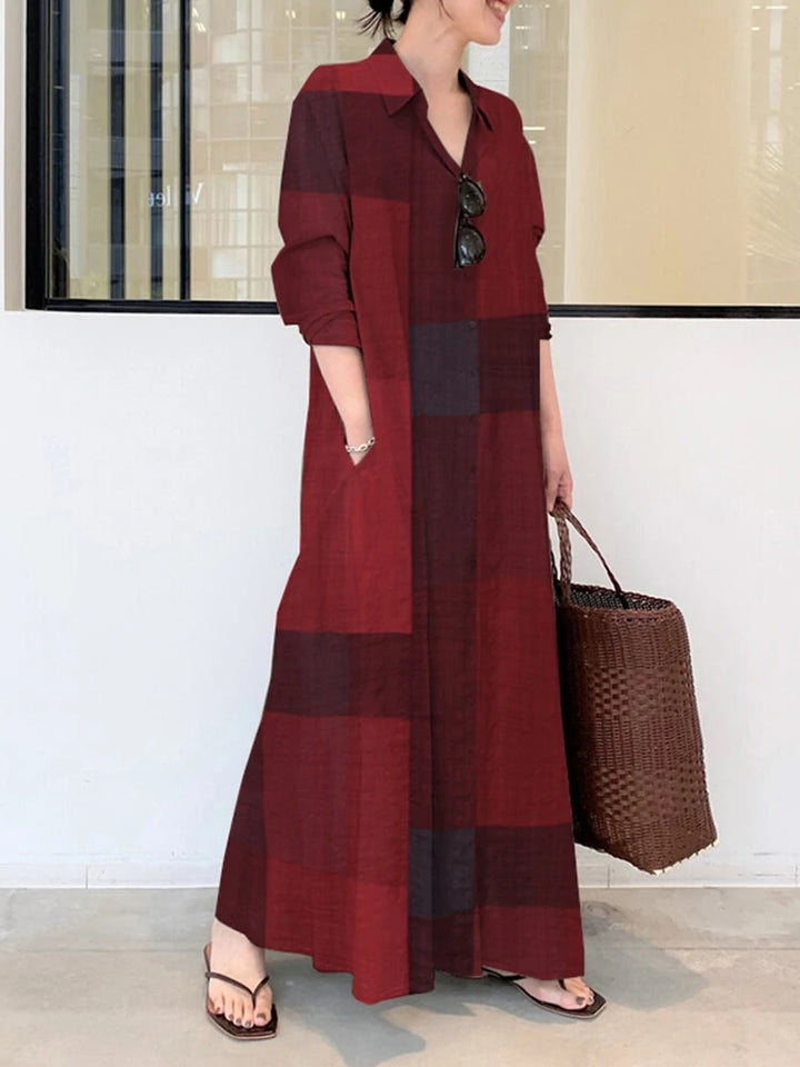 Vintage Plaid Stand Collar Pocket Maxi Shirt Dresses