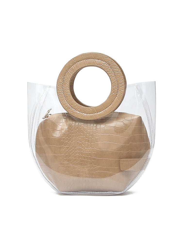 Transparent Handbag 2 Pieces Set with Crocodile Pattern Pocket