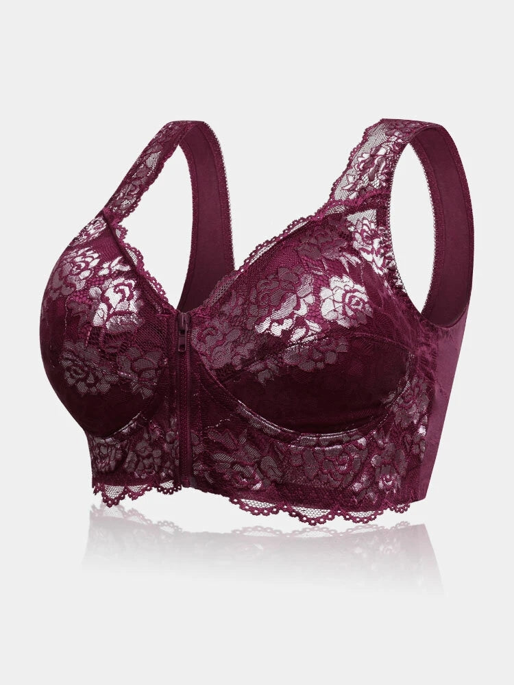 Flower Lace Zipper Front Wide Shoulder Straps Wireless Bra
