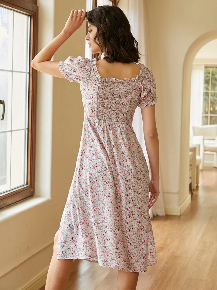 Floral Print Shirred Ruffle Trim Puff Sleeve Slit Dresses
