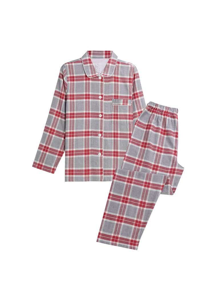 Cotton Plaid Pajamas Set Long Sleeve Sleepwear for Men&Women