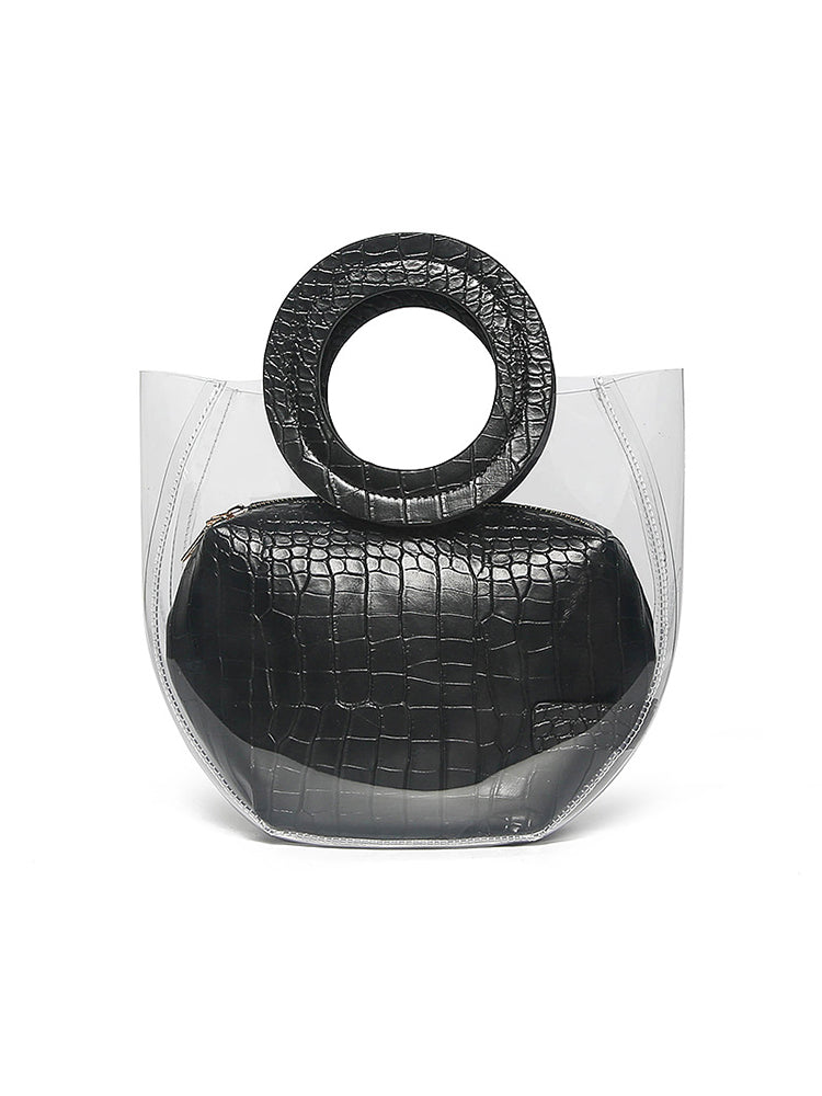 Transparent Handbag 2 Pieces Set with Crocodile Pattern Pocket