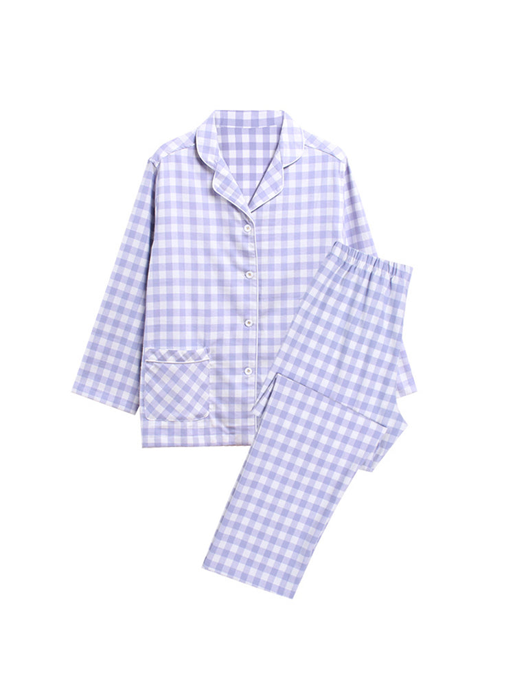 Cotton Plaid Pajamas Set Long Sleeve Sleepwear for Men&Women
