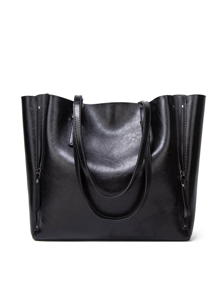 Solid Large Capacity Leisure Handbag Faux Leather Shoulder Tote Bag