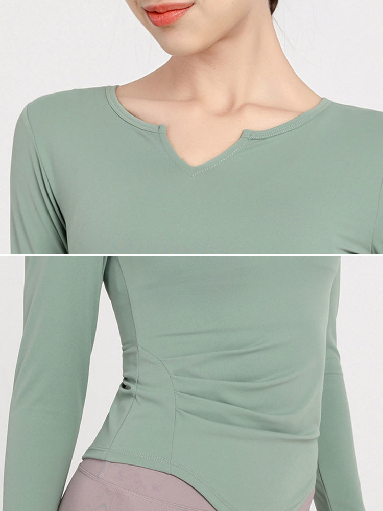 Slim Fit V-neck Long Sleeve Yoga Tops Breathable Athletic Workout Running Shirt