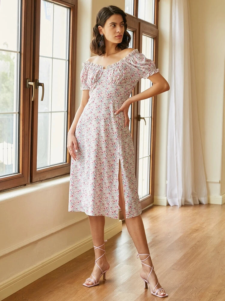 Floral Print Shirred Ruffle Trim Puff Sleeve Slit Dresses