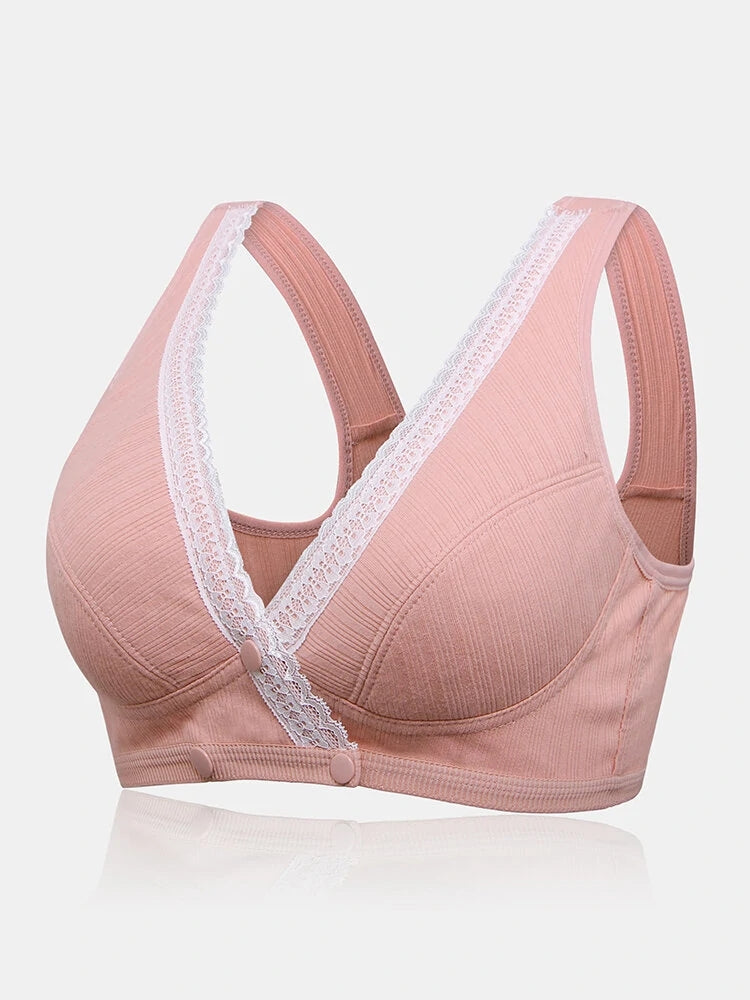 V-Neck Front Button Closure Cotton Wireless Bra