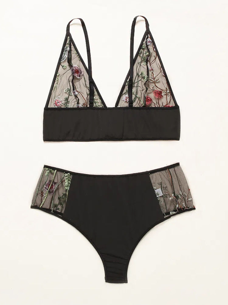 Sexy Sheer Lace Embroidered Front Closure Non Padded Bra Set