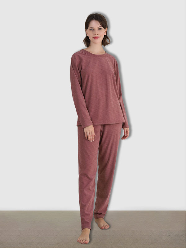 Women Solid Fleece Lined Long Sleeve Plus Size Pajama Sets