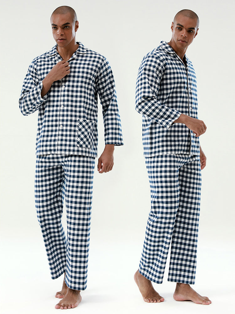 Cotton Plaid Pajamas Set Long Sleeve Sleepwear for Men&Women