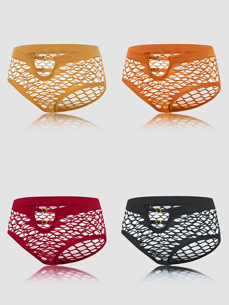 4 Packs Women Plain Fishnet Stretch See Through Breathable Sexy Panties