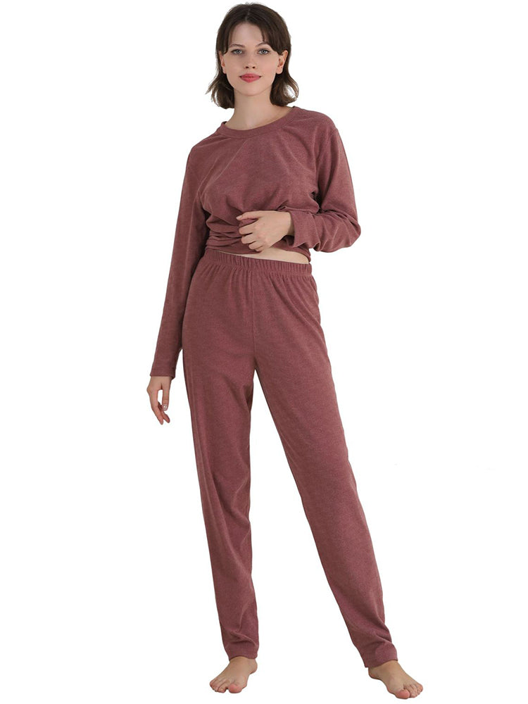 Women Solid Fleece Lined Long Sleeve Plus Size Pajama Sets