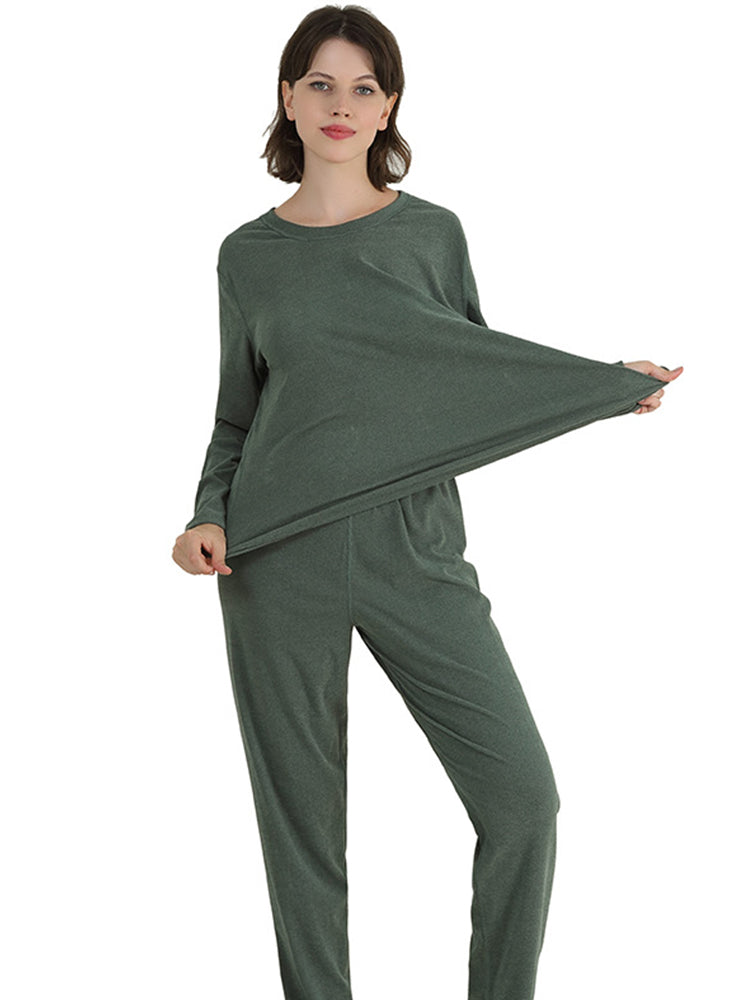 Women Solid Fleece Lined Long Sleeve Plus Size Pajama Sets