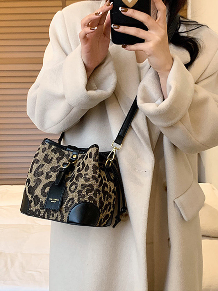 Women's Leopard Print Drawstring Bucket Bag PU Crossbody Bag