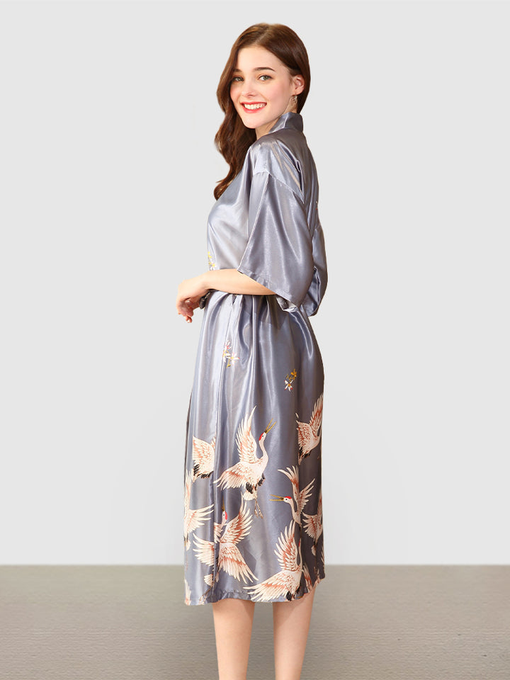 Ladies Short Satin Silk Crane Bathrobe Nightgown Loungewear