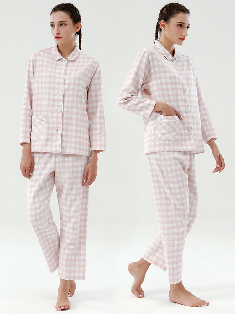Cotton Plaid Pajamas Set Long Sleeve Sleepwear for Men&Women