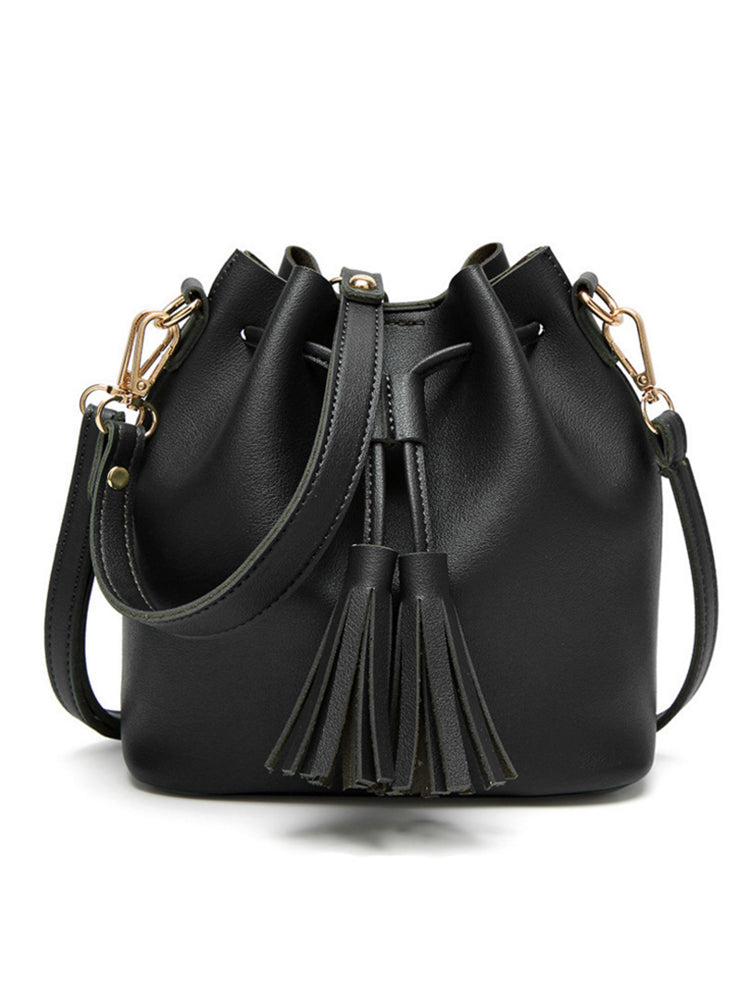 Women PU Leather Vintage Tassel Bucket Bags Mini Crossbody Bags
