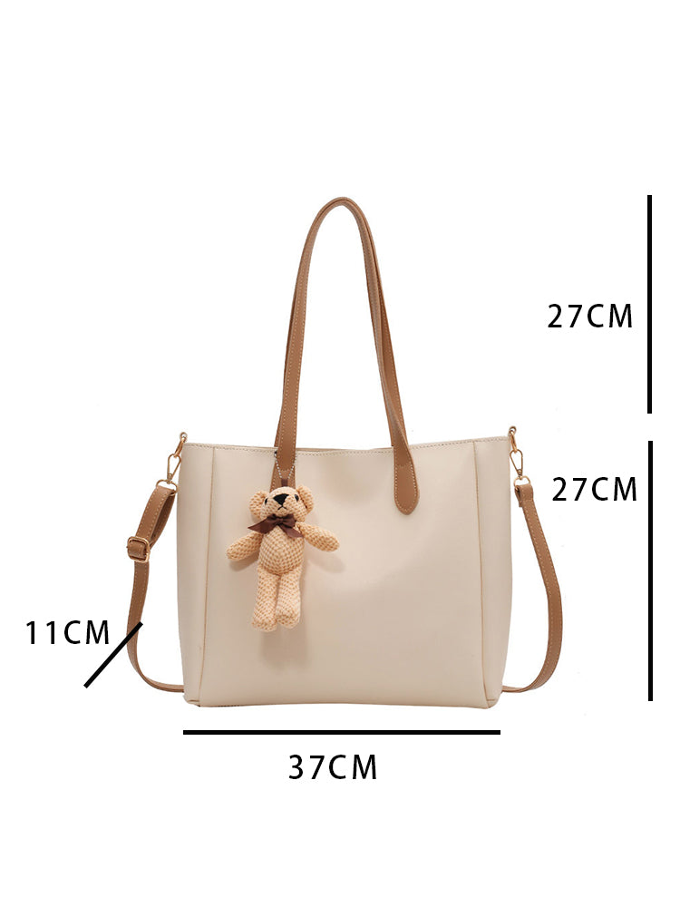 Women's Large Capacity Solid Color Crossbody Tote Bag with Cute Pendent