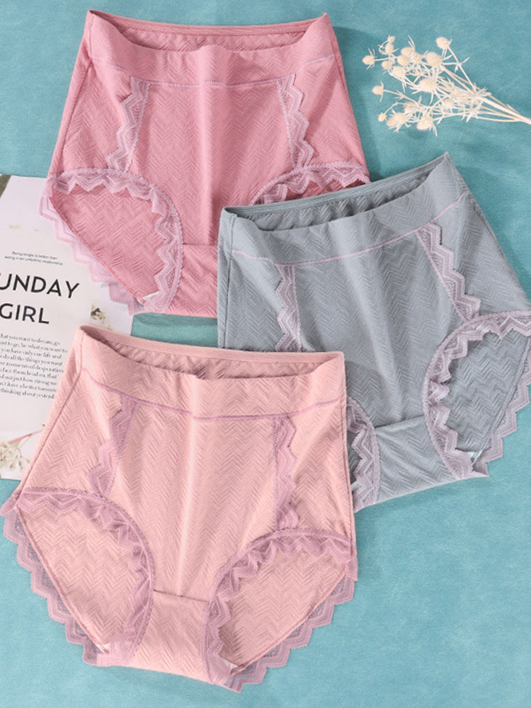 3-Pack Women Plus Size Lace Cotton Underwear High-Cut Panty