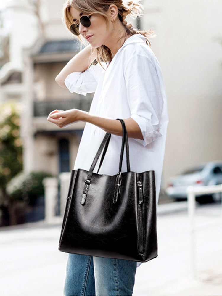 Solid Large Capacity Leisure Handbag Faux Leather Shoulder Tote Bag