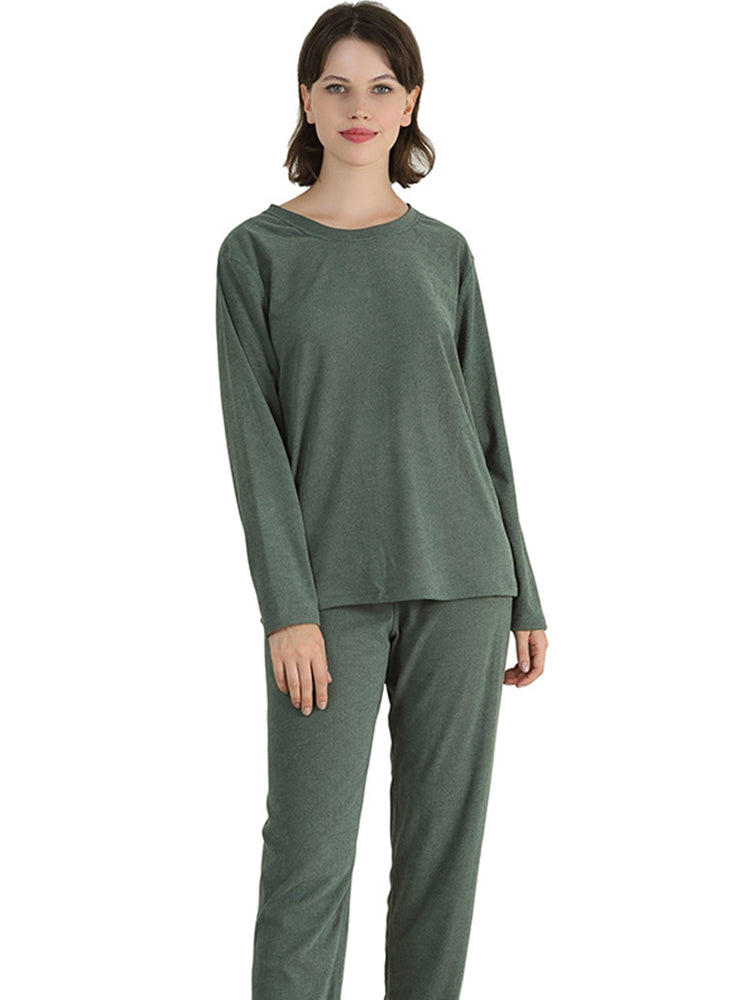 Women Solid Fleece Lined Long Sleeve Plus Size Pajama Sets
