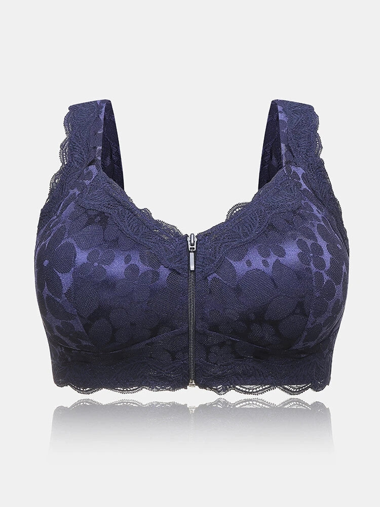 Front Zipper Floral Lace Bralette with Removable Pads