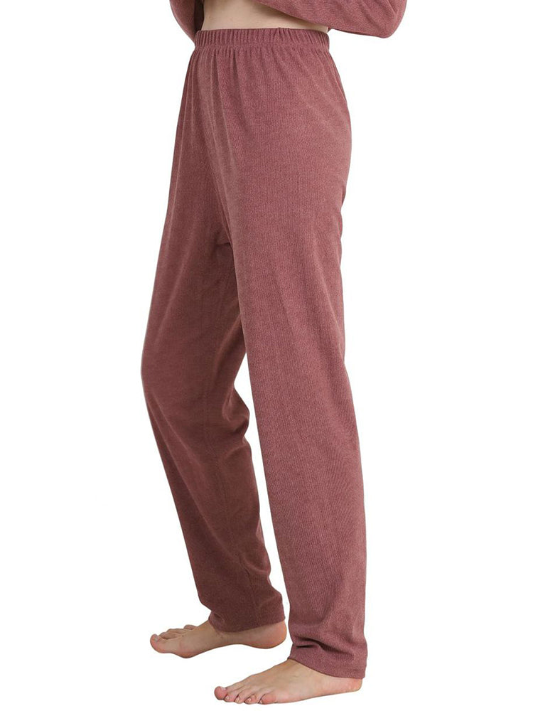 Women Solid Fleece Lined Long Sleeve Plus Size Pajama Sets