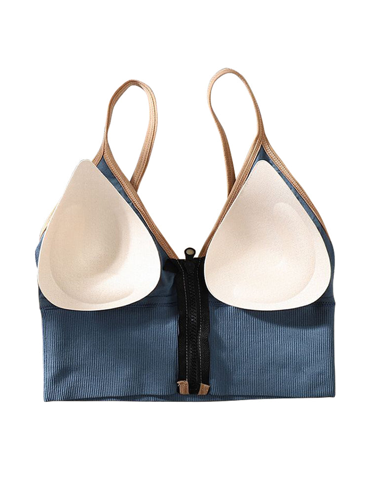 Women's V-Neck Zipper Front Wirefree Removable Pads Yoga Bra