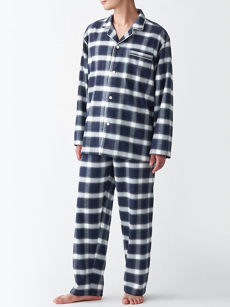 Cotton Plaid Pajamas Set Long Sleeve Sleepwear for Men&Women