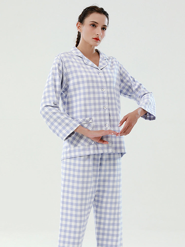 Cotton Plaid Pajamas Set Long Sleeve Sleepwear for Men&Women