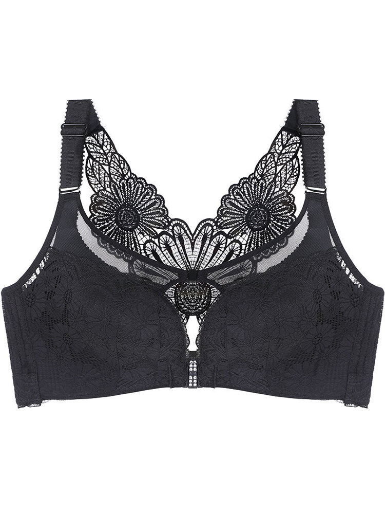 Embroidered Daisy Back Front Closure Wireless Push Up Bras