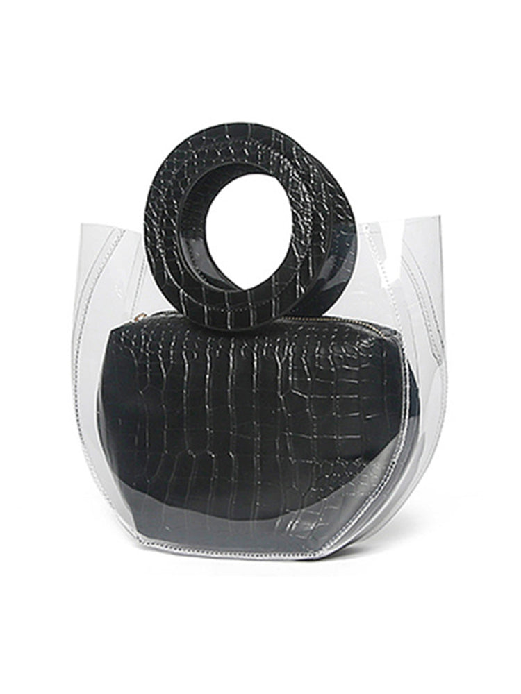 Transparent Handbag 2 Pieces Set with Crocodile Pattern Pocket