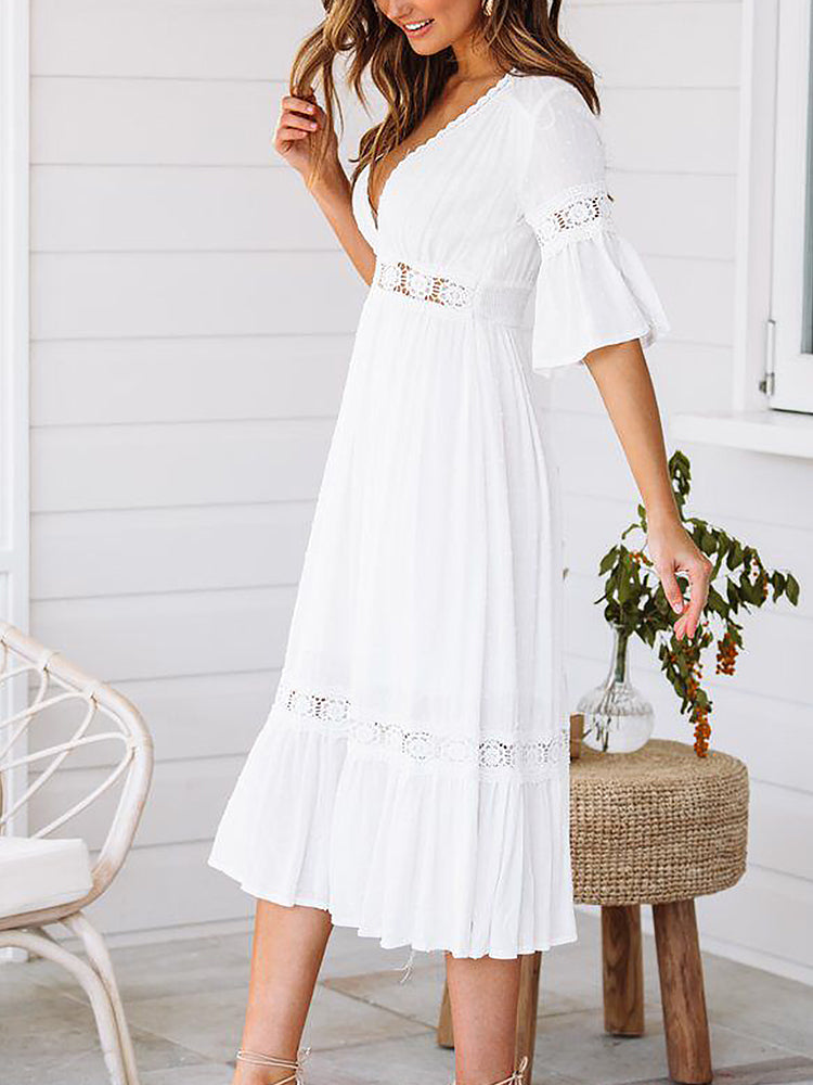Summer Holiday Deep V-Neck White Hollow Lace Dress