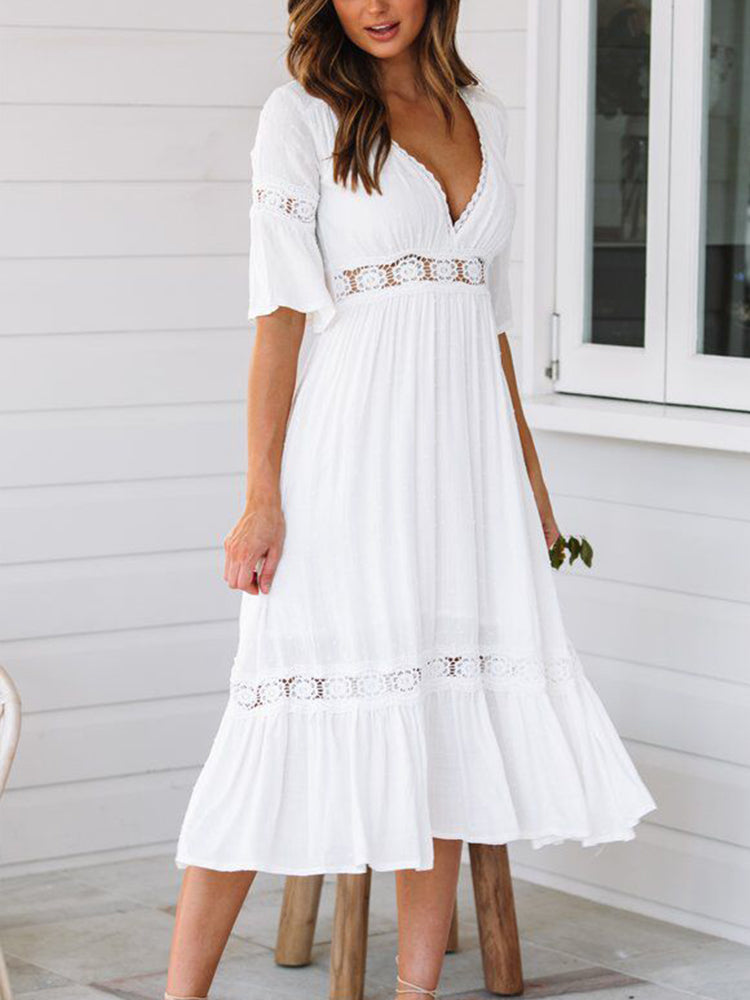 Summer Holiday Deep V-Neck White Hollow Lace Dress