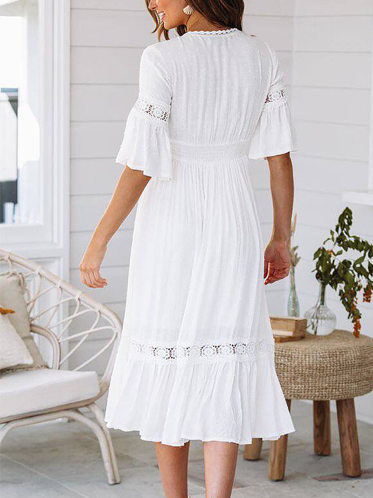 Summer Holiday Deep V-Neck White Hollow Lace Dress