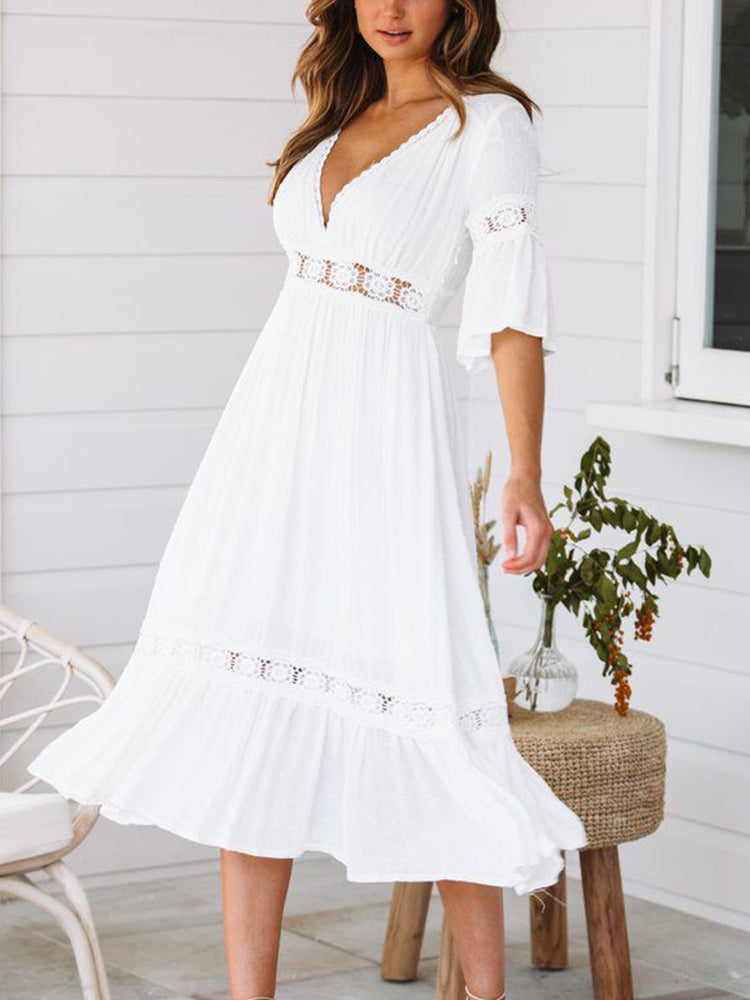 Summer Holiday Deep V-Neck White Hollow Lace Dress