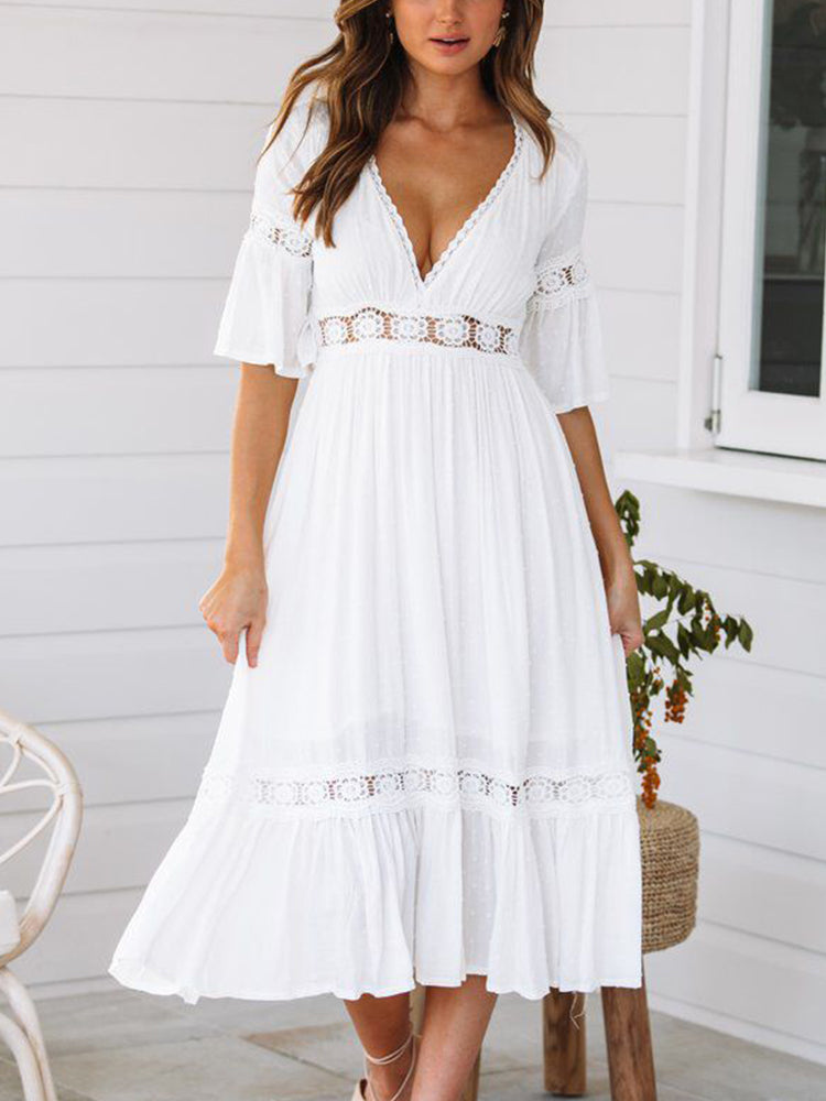 Summer Holiday Deep V-Neck White Hollow Lace Dress